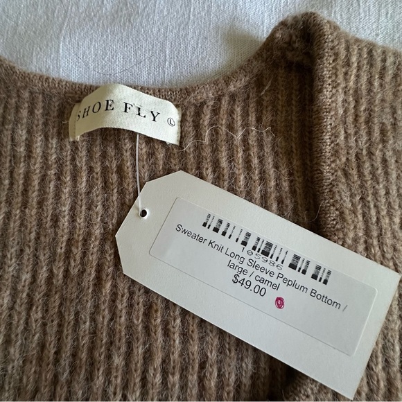 Shoefly Sweater Womens Large Camel Peplum Pullover Ribbed Knit Long Sleeve NWT - Picture 7 of 9